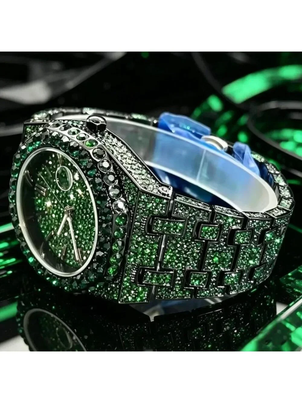 Trendy Black Quartz Men's Watch with Luminous Hands & Rhinestone Dial - Hip Hop